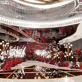 Luxurious Banquet Hall With Red Decorations Crystal Chandeliers Round Tables Fresh Flowers And Staircase Stage