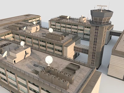 Modern Public Facility Complex With Rooftop Satellite Dishes And Communication Tower 3d model