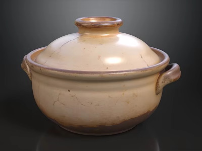 Cream Colored Earthenware Pot With Lid Two Handles And Cracked Surface 3d model