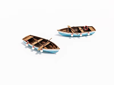 Two Blue Wooden Boats With Wooden Oars And Red White Buoys 3d model