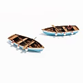 Two Blue Wooden Boats With Wooden Oars And Red White Buoys