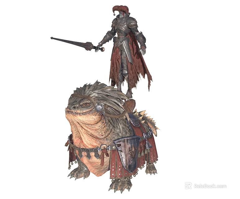 Game Movie Character Riding Giant Toad Like Creature In Armored Suit With Cloak And Weapon 3d model 
