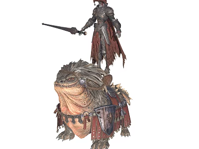 Game Movie Character Riding Giant Toad Like Creature In Armored Suit With Cloak And Weapon 3d model