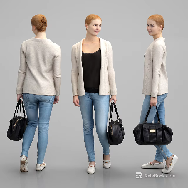Woman in Beige Cardigan Black Top Blue Jeans With Black Handbag From Different Angles 3d model 