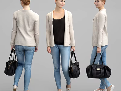 Woman in Beige Cardigan Black Top Blue Jeans With Black Handbag From Different Angles 3d model