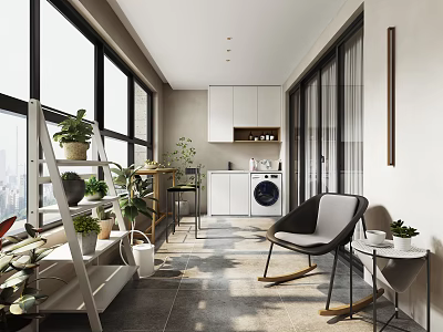 Modern Home Balcony with Green Plants Rocking Chair Large Windows Side Table and Storage Cabinets 3d model