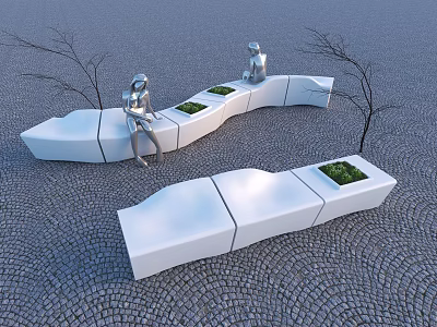 Curved White Landscape Seats With Green Plant Planters And Silver Sculptures On Cobblestone Ground 3d model