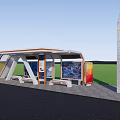 Modern Bus Stop Shelter With Benches Advertisement Panels And Green Field Background