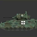 Green Camouflage Military Tank with Antennas Equipment and White Cross Markings