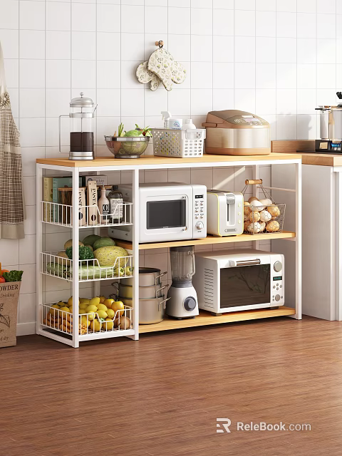 Practical Kitchen Shelf With Microwave Rice Cooker Blender Spices And Fresh Produce 3d model 