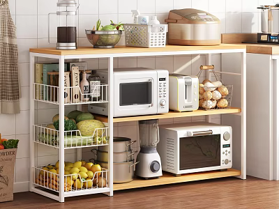 Practical Kitchen Shelf With Microwave Rice Cooker Blender Spices And Fresh Produce 3d model
