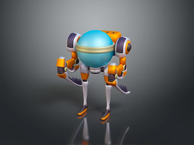 3D Robot Character With Blue Spherical Head Yellow Ring Mechanical Arms And Legs 3d model