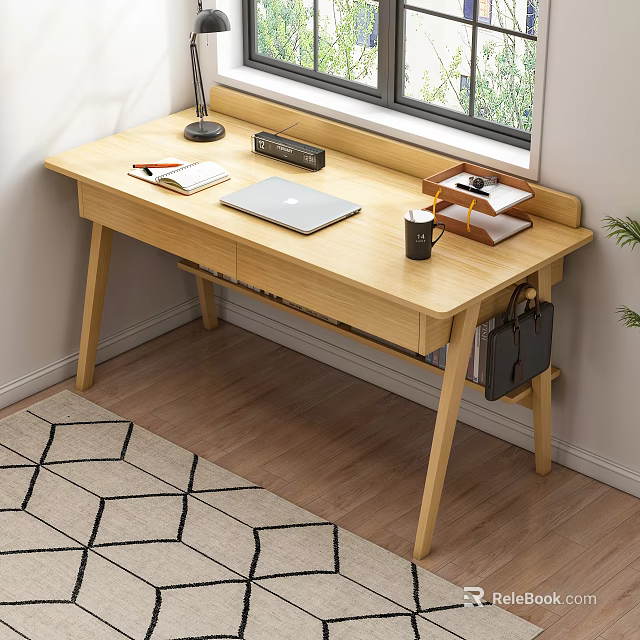 Cozy Wooden Desk With Laptop Notebook Desk Lamp Mug Speaker And Green Plants By Window 3d model 