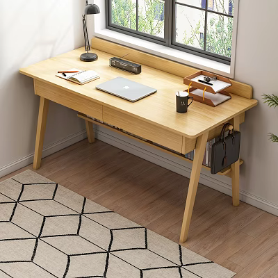 Cozy Wooden Desk With Laptop Notebook Desk Lamp Mug Speaker And Green Plants By Window 3d model