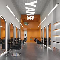 Modern Hair Salon Interior With Orange Walls Arched Mirrors Black Chairs And White Lighting