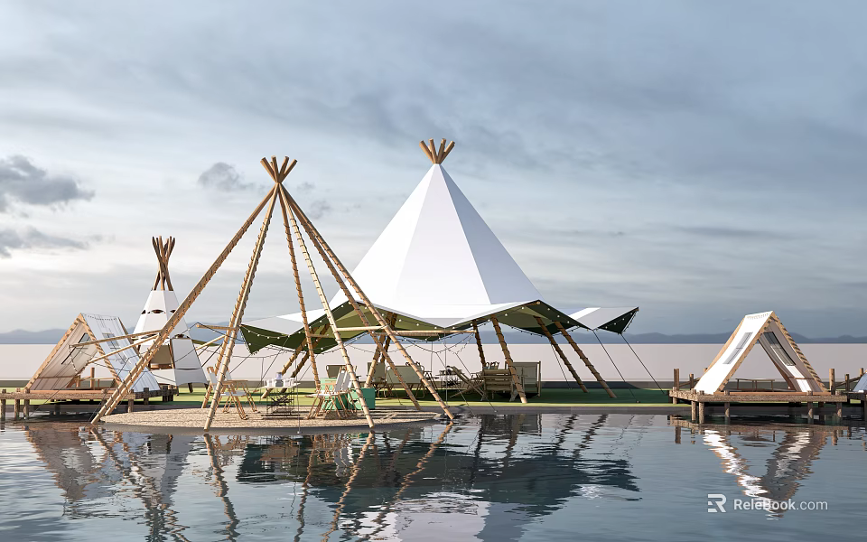 Garden Landscape With Water Based Tent Structures Wooden Frames White Canvas And Reflections 3d model