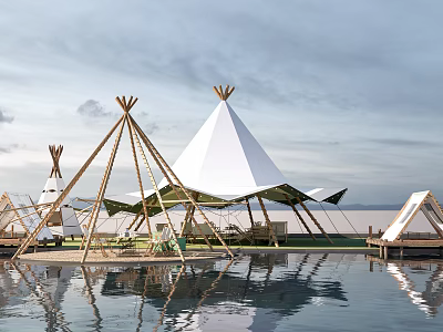 Garden Landscape With Water Based Tent Structures Wooden Frames White Canvas And Reflections 3d model