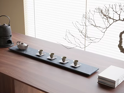 Elegant Tea Set with Teapot and Cups on Wooden Tabletop Window Bare Branch Decoration 3d model