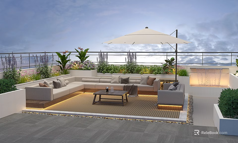 Modern Roof Garden Outdoor Space With Sofa Coffee Table White Umbrella And Green Plants 3d model 