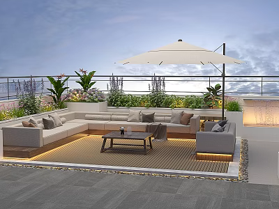 Modern Roof Garden Outdoor Space With Sofa Coffee Table White Umbrella And Green Plants 3d model