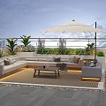 Modern Roof Garden Outdoor Space With Sofa Coffee Table White Umbrella And Green Plants