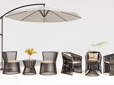 Modern Woven Rattan Outdoor Chairs With Umbrella Side Table And Decorative Flowers 3d model