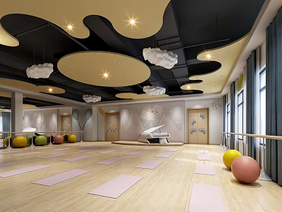 Spacious Fitness Studio Featuring Yoga Mats Colored Exercise Balls And Bright Lighting 3d model