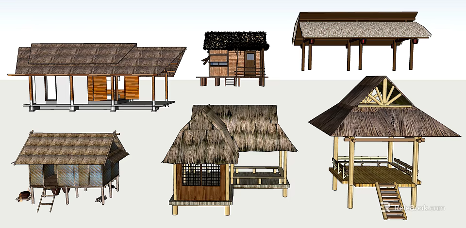 Traditional Thatched Roof Wooden Huts And Pavilions With Various Designs 3d model 
