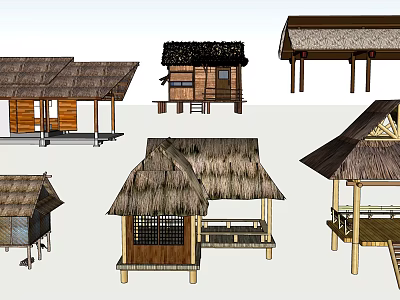 Traditional Thatched Roof Wooden Huts And Pavilions With Various Designs 3d model