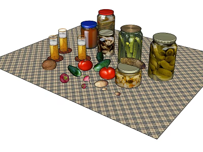 Fresh Fruit Display with Tomato and Pickled Vegetable Jars on Checkered Tablecloth 3d model