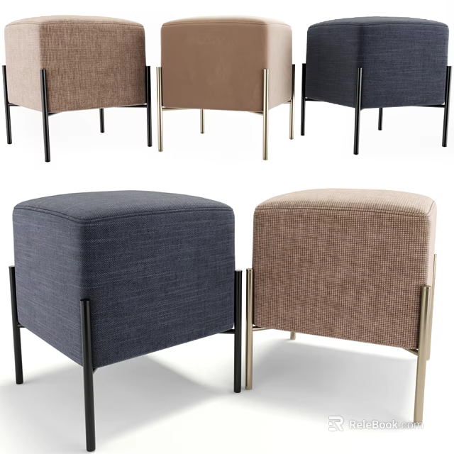 Modern Upholstered Ottoman with Navy Blue and Brown Fabric and Black Gold Metal Legs 3d model 
