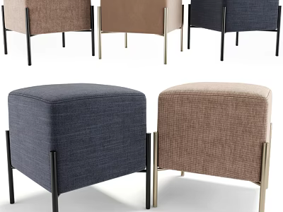 Modern Upholstered Ottoman with Navy Blue and Brown Fabric and Black Gold Metal Legs 3d model