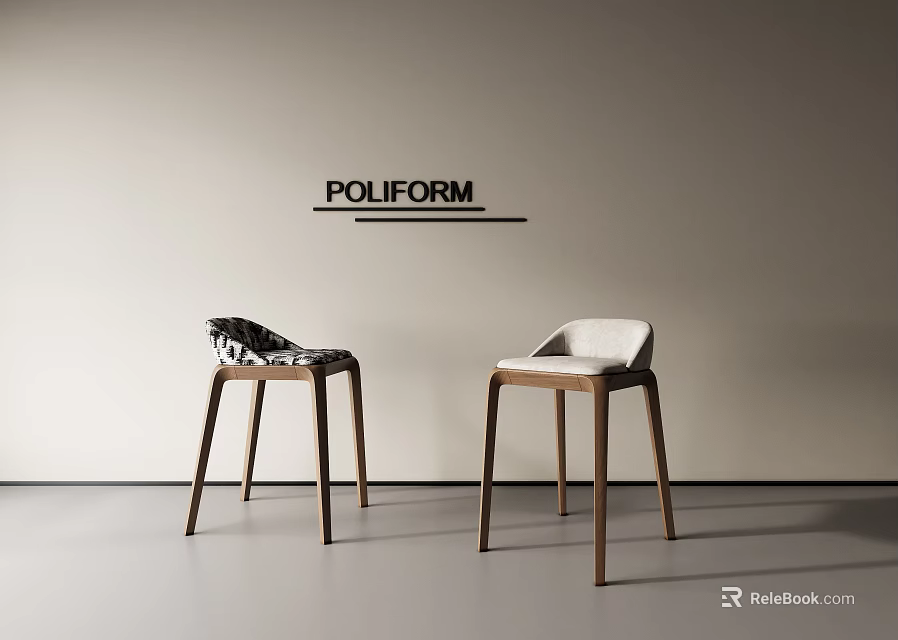 Poliform Modern Bar Stools With Wooden Legs And Stylish Seats In Minimalist Interior 3d model 