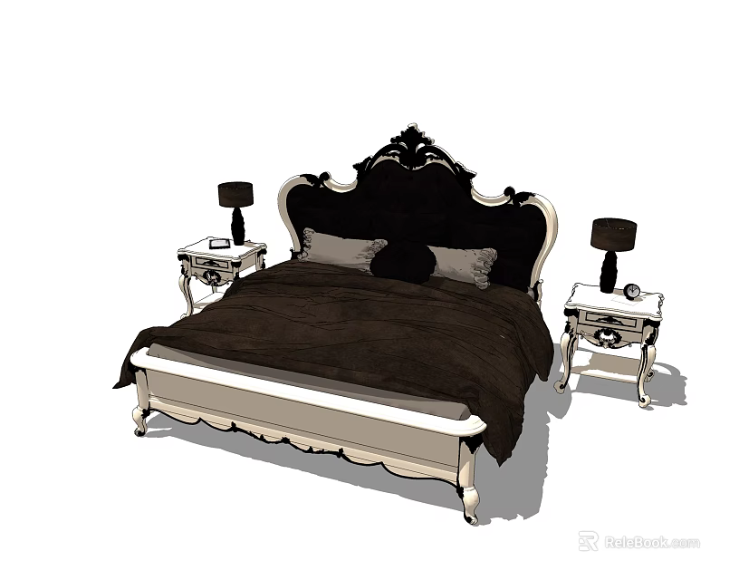 Elegant Double Bed With Carved Headboard Dark Bedding And Side Nightstands With Table Lamps 3d model 