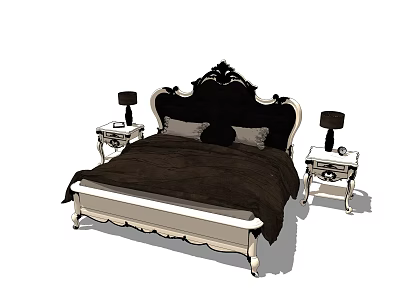Elegant Double Bed With Carved Headboard Dark Bedding And Side Nightstands With Table Lamps 3d model