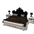 Elegant Double Bed With Carved Headboard Dark Bedding And Side Nightstands With Table Lamps