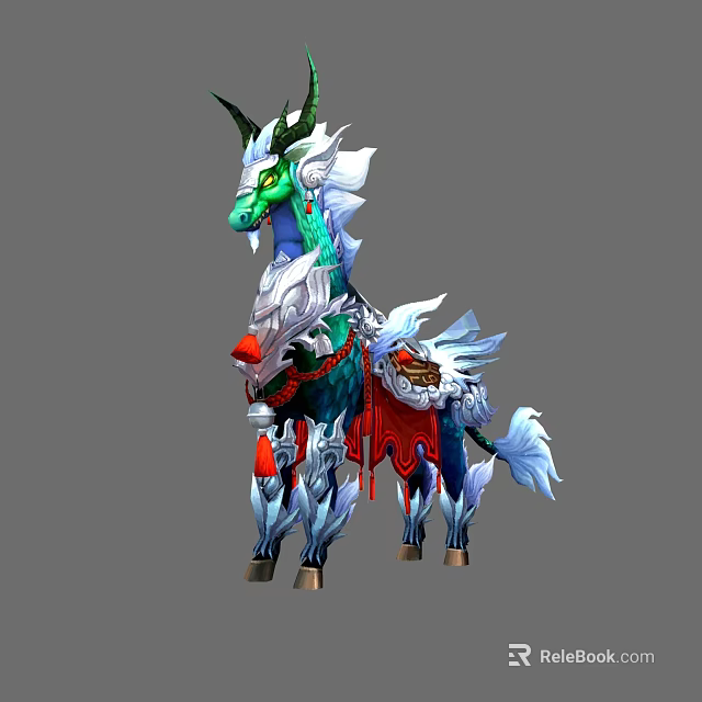 Mythical Horned Fantasy Creature With Green Blue White Red Details And Decorative Saddle 3d model 