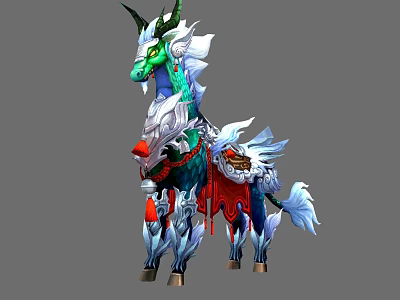 Mythical Horned Fantasy Creature With Green Blue White Red Details And Decorative Saddle 3d model