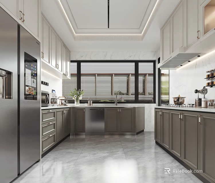 Modern Kitchen Interior Design With White Gray Cabinets Marble Countertops Island And Silver Refrigerator 3d model 