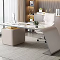 Modern Home Office Desk With Marble Top White Chair Bookshelf And Potted Plant