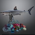 Realistic Shark Model Display With Colorful Coral Reef And Miniature Figure