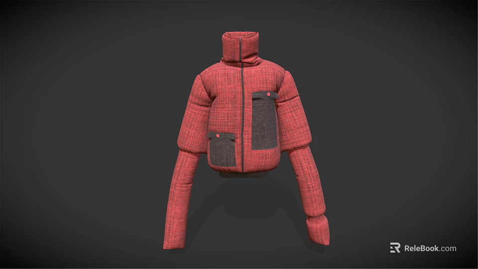 Red Plaid Puffer Jacket With High Neck And Dark Patch Pockets In Stylish Winter Design 3d model 