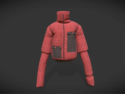 Red Plaid Puffer Jacket With High Neck And Dark Patch Pockets In Stylish Winter Design 3d model