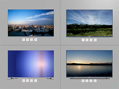 Modern Television Screen Showing Urban Green Field Blue Light And Sunset Lake Scenes 3d model