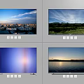 Modern Television Screen Showing Urban Green Field Blue Light And Sunset Lake Scenes