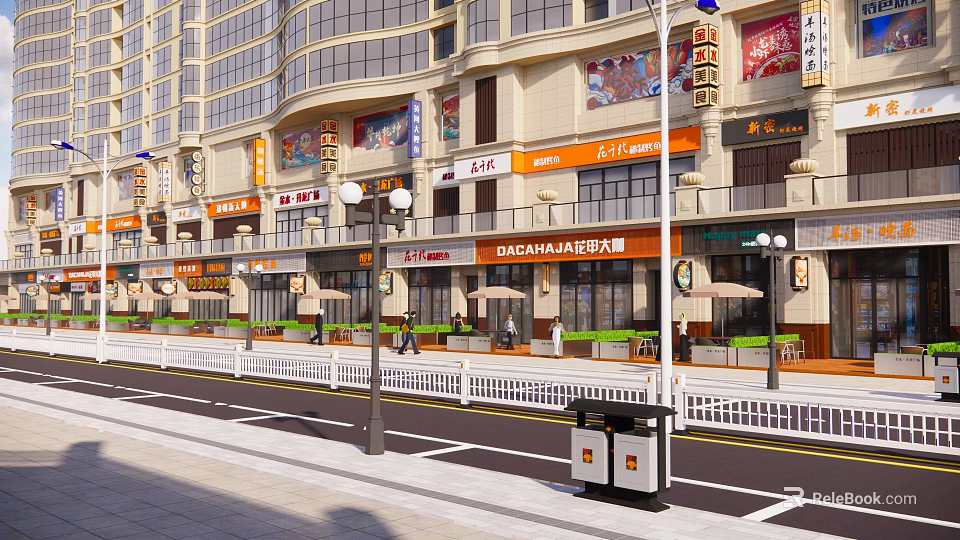 Bustling Commercial Street With Multi Storey Buildings Shop Signs Outdoor Seating And Pedestrians 3d model 