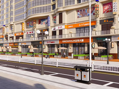 Bustling Commercial Street With Multi Storey Buildings Shop Signs Outdoor Seating And Pedestrians 3d model