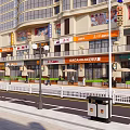 Bustling Commercial Street With Multi Storey Buildings Shop Signs Outdoor Seating And Pedestrians