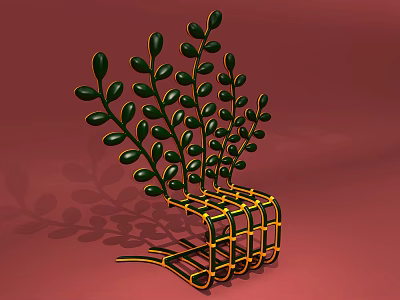 Modern Artistic Single Chair With Yellow Metal Frame And Green Leaf Decorations On Red Background 3d model
