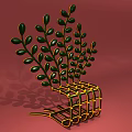 Modern Artistic Single Chair With Yellow Metal Frame And Green Leaf Decorations On Red Background